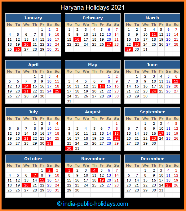 Haryana Holiday Calendar 2021